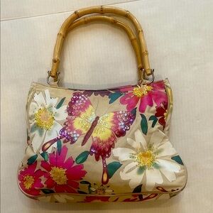 Floral Butterfly Handbag with Bamboo Handle in main colours of pink & yellow